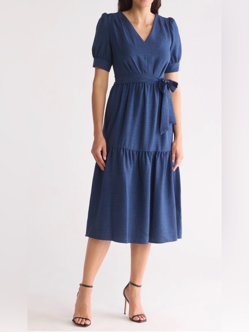 DKNY Navy V‑Neck Tiered Midi Dress with Tie Waist short sleeve size 8 new